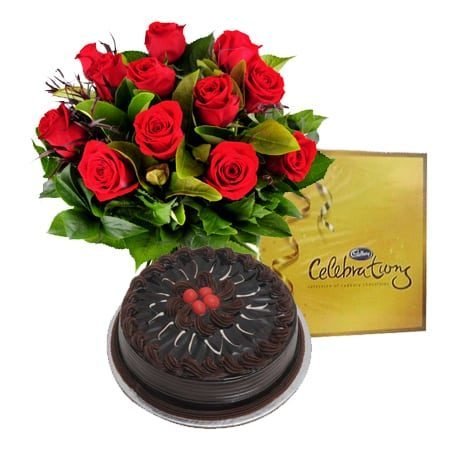 12 redroses, cake and celebrations combo