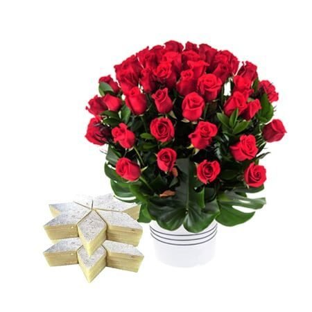 50 red roses and 1kg kajju sweets