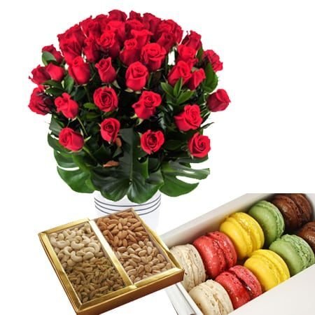 50-red-roses-200-grams-dry-fruit-10-pieces-macroons-combo