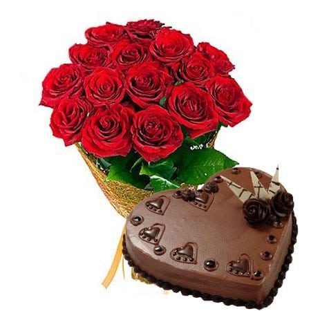 10 red roses and heart shaped cake