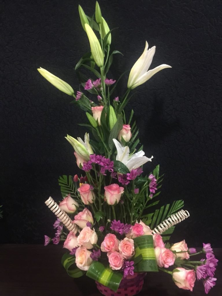 Roses, Chrysanthemum & Lilies Flower Arrangement - rapuram flower delivery